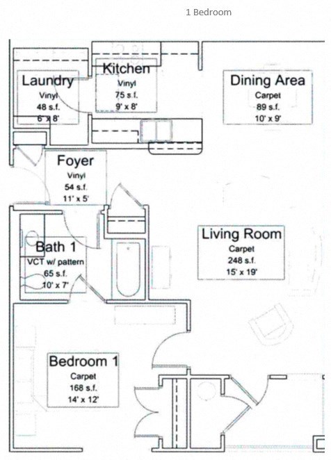 Floor plan for 1 bed, 1 bath, 786 sqft